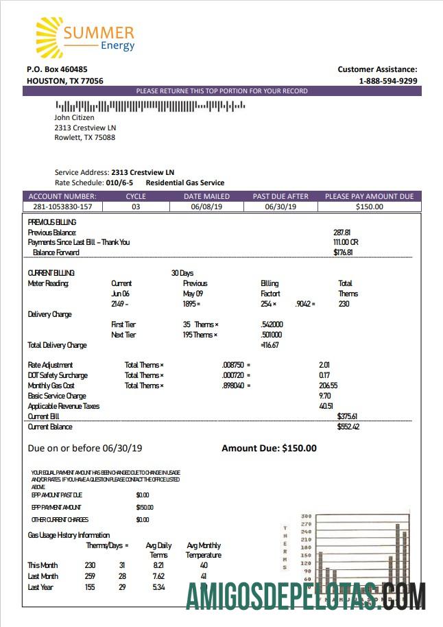 Para baixar modelo de fatura de serviços públicos fácil de preencher nos EUA Texas Summer Energy em formato Word e PDF